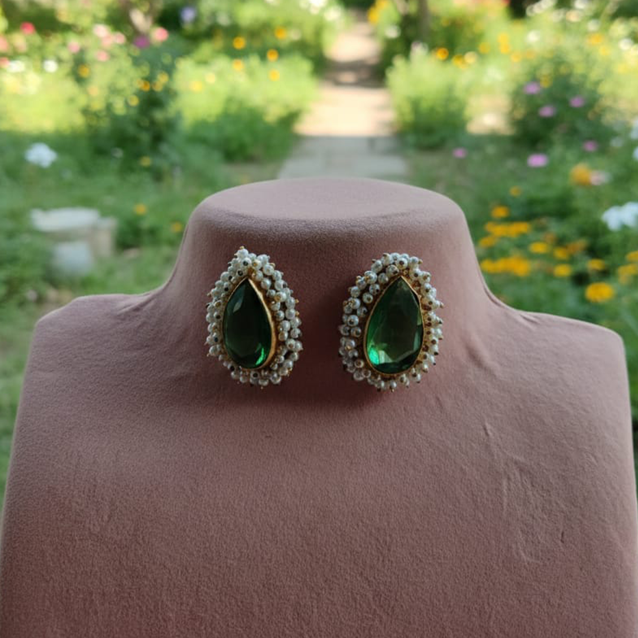 Drop Shape Stone +Small Pearl Earrings