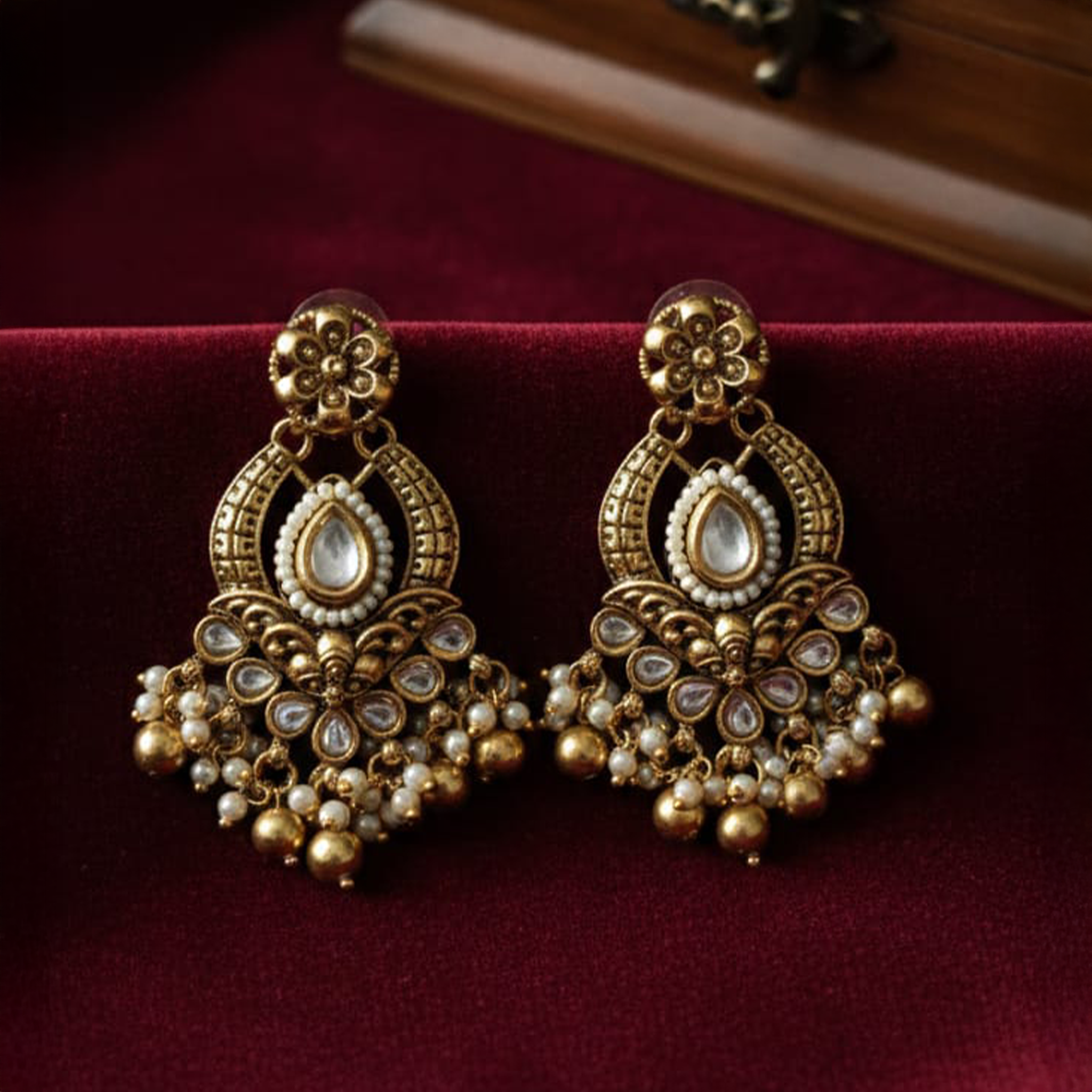 Temple Kundan Pearl Earrings