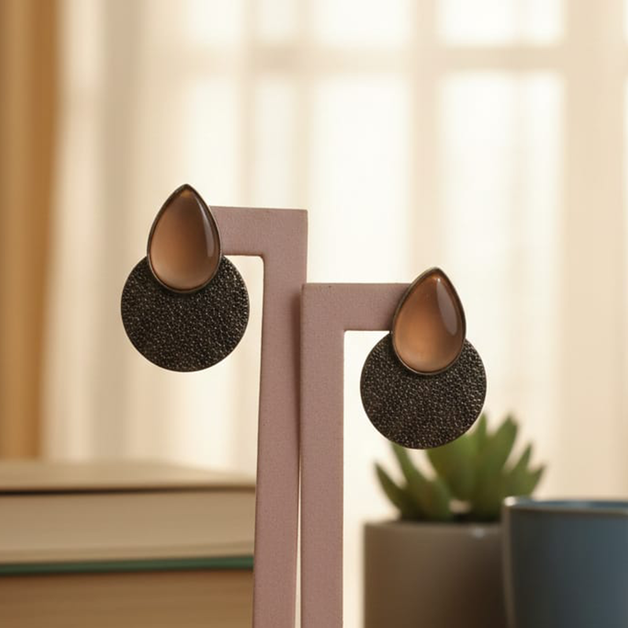 German Silver Drop Shape Stone Earrings