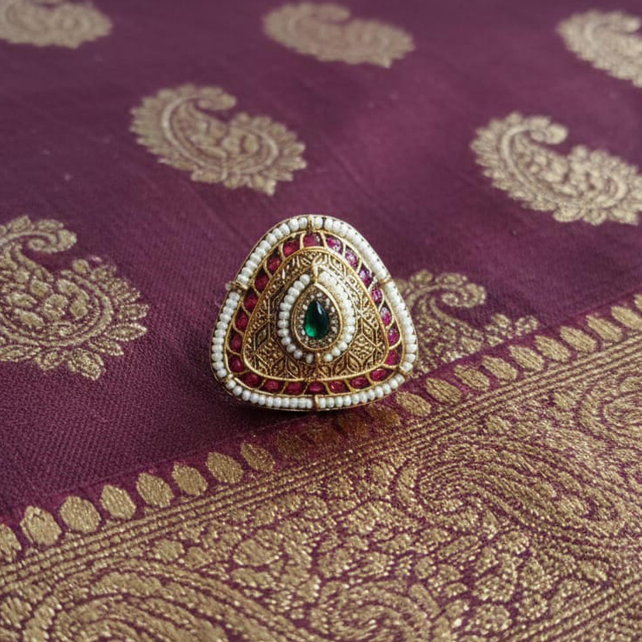 Kundan Enamel Moti Piroi Triangle Ring